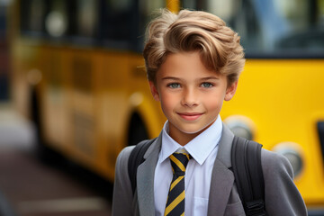 Portrait of a smiling happy caucasian elementary school boy dressed in a formal school uniform with a backpack on his back against the background of a school bus. Warm sunny day. Inauguration of the