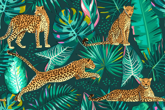 Seamless pattern with tropical leaves and animals. Leopards in different poses and palm, monstera, banana leaves. Exotic jungle in emerald colors. Cartoon. Vector.