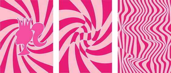 Set of Pink Groovy Hippie Twirl backgrounds. Waves, Swirl, Curvy pattern with line, circle. Twisted and distorted vector texture in Trendy Retro Psychedelic style. Y2k Vector aesthetic. 