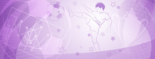 Fototapeta na wymiar Abstract soccer background with a football player kicking the ball and other sport symbols in purple colors