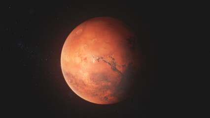 Realistic 3D animation of Mars rotating in dark outer space. Stars, galaxies in the background....