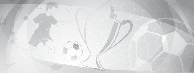 Abstract soccer background with a football player kicking the ball and other sport symbols in gray colors