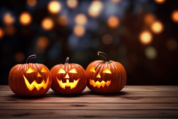 Halloween pumpkins on wooden table with bokeh lights background.Generative Ai