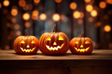 Fototapeta premium Halloween pumpkins on wooden table with bokeh lights background.Generative Ai