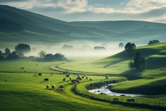 Serene Countryside Dotted with Sheep and Grazing Fields, Generative AI © Giantdesign