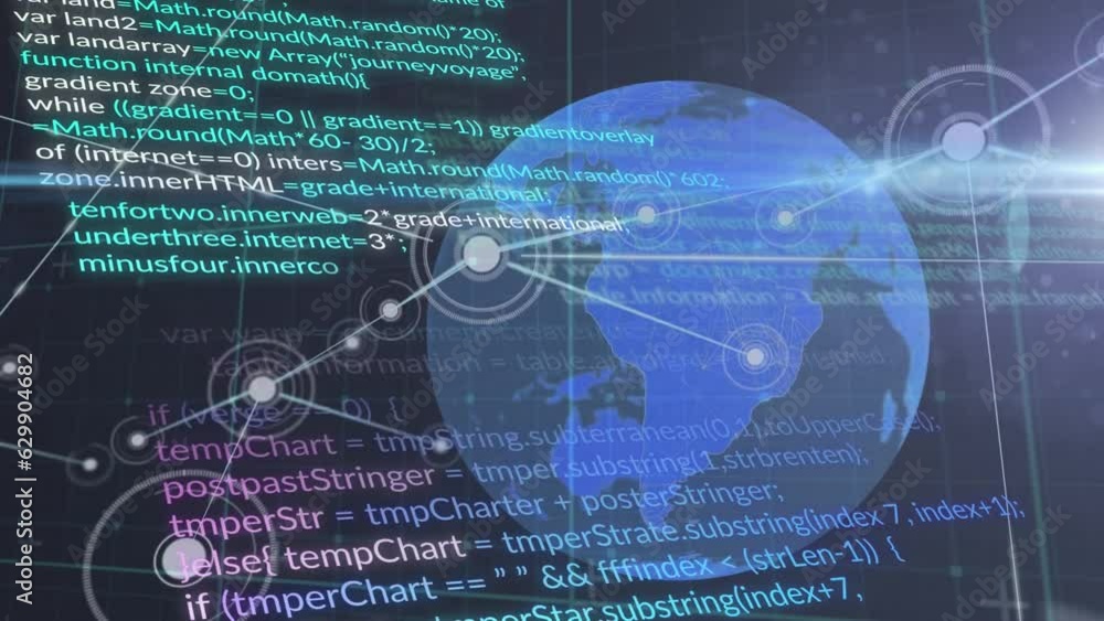 Poster animation of connected dots and computer language over globe and lens flares
