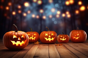 Fototapeta premium Halloween pumpkins on wooden table with bokeh lights background.Generative Ai