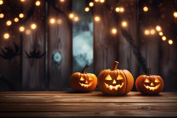 Obraz premium Halloween pumpkins on wooden table with bokeh lights background.Generative Ai