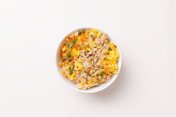 Banh Duc, Vietnamese rice cake with pork, fried onions, fish sauce, Vietnamese food isolated on white background, top view