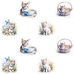 watercolor tiled pattern with cute cats on the white background.  Kitten illustration for kids, generative art.