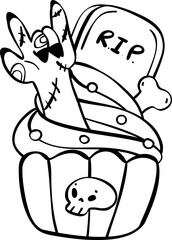 Cute Festive Halloween Cupcake Doodle Outline transparent background.