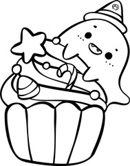 Cute Festive Halloween Cupcake Doodle Outline transparent background.