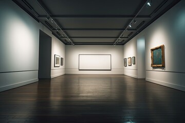 An empty frame is seen in the dim lighting of an art gallery. Generative AI
