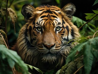 Fototapeta premium Wildlife tiger striped photography. Open eye black orange fur. Dangerous cat animal tropical jungle forest hunter close up photo