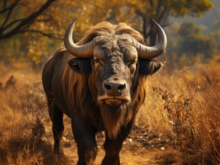 Fototapeta premium African Buffalo - Syncerus caffer or Cape buffalo is a large Sub-Saharan African bovine. Portrait in the savannah in Masai Mara Kenya, big black horny mammal on the grass, front view.