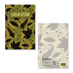 Cover page templates. Leaf pattern layouts. Applicable for notebooks and journals, planners, brochures, books, catalogs etc. Repeat patterns and masks used, able to resize. Spring leaf design