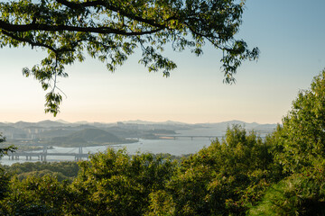 Panoramic view of Han river and Seoul city from Haengjusanseong Fortress at sunset in Goyang, Korea