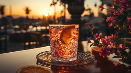 Silhouette glasses of cocktail on tropical beach during dark evening sunset and dramatic golden twilight sky