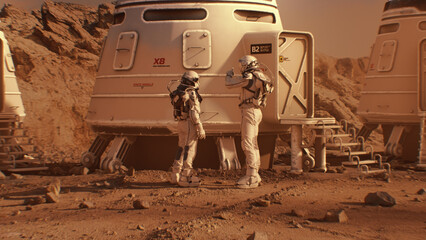 Two astronauts in spacesuits walk toward research station, colony or scientific base on Mars....