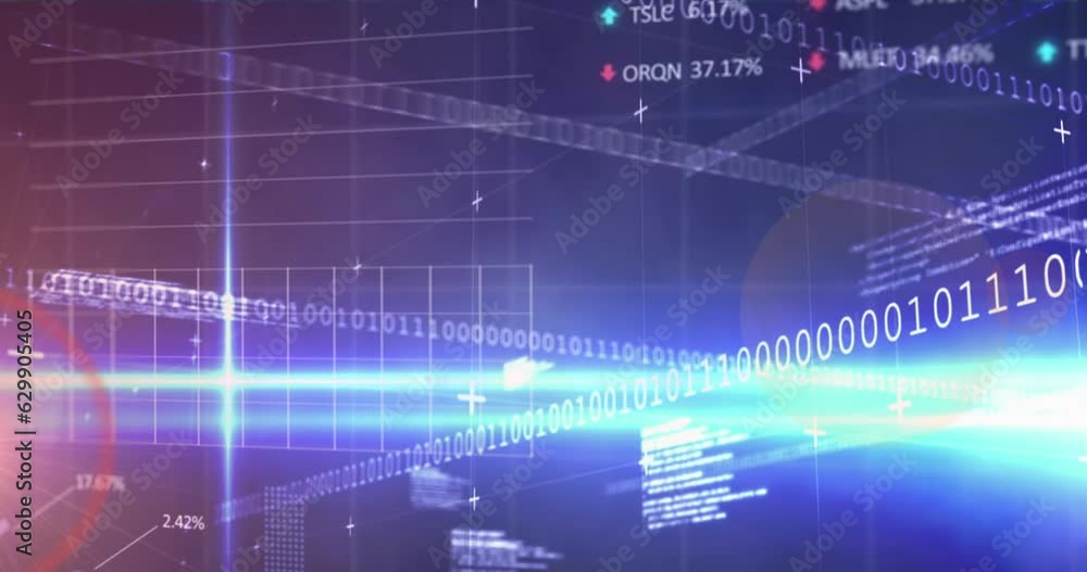 Poster animation of lens flares over looping binary codes, trading board and graphs with changing numbers