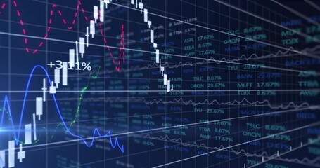 Animation of multiple graphs with changing numbers over lens flares and trading board - Powered by Adobe