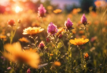 Wild flowers in a meadow at sunset. Macro image, shallow depth of field. Abstract summer nature background