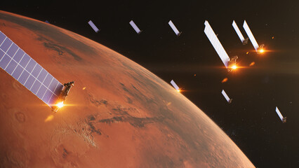 Realistic 3D graphics of Mars spinning in dark outer space. Solar cell and panels orbiting planet....