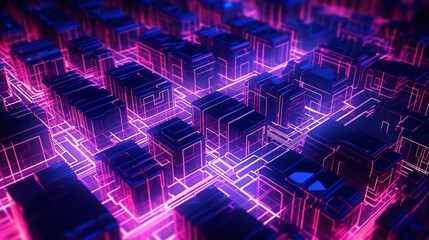 Formes abstraites, lignes en néon de couleurs rose, bleu, violet. Effet circuit technologique. Futuriste. 