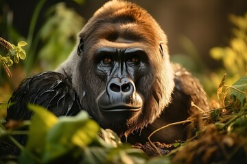 An amazing portrait of an endangered silverback mountain gorilla in wilderness