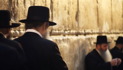 Fototapeta premium Orthodox Jewish men pray at the Western Wailing Wall in Jerusalem