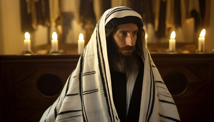 Orthodox ultra Orthodox Jew from a tallit in the synagogue - obrazy, fototapety, plakaty
