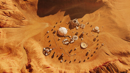 Top view of Mars surface with research station, colony or scientific base. Space mission on red...