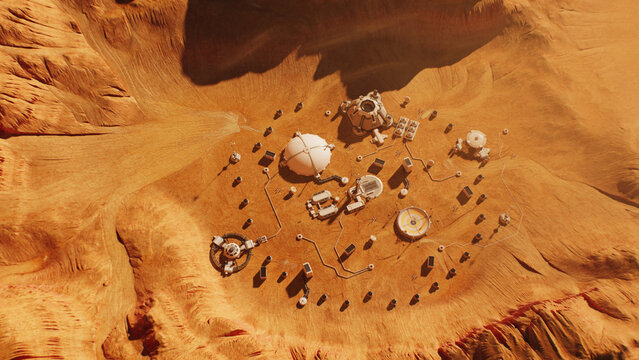 Top view of Mars surface with research station, colony or scientific base. Space mission on red planet. Technological advance of the future. Futuristic human colonization and exploration concept.