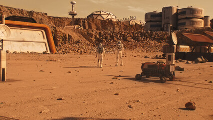 Two astronauts in space suits walk on Mars surface. Research station or scientific base. Exploring...