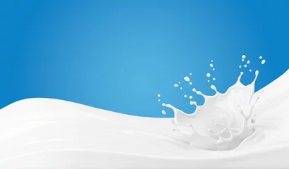 Fototapeten Pouring milk cream with splash on blue background, 3d illustration. © Anusorn