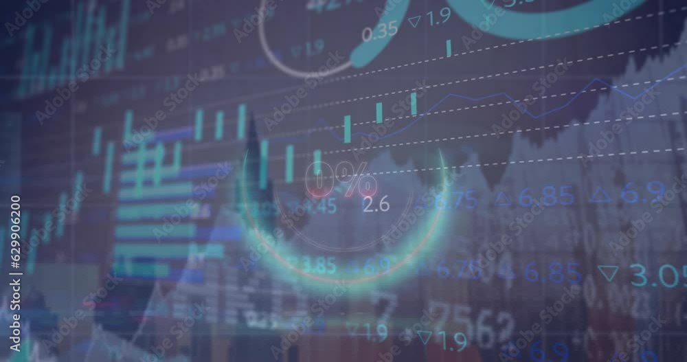 Aufkleber animation of 0 with percentile in circle, multiple graphs and trading board against modern building