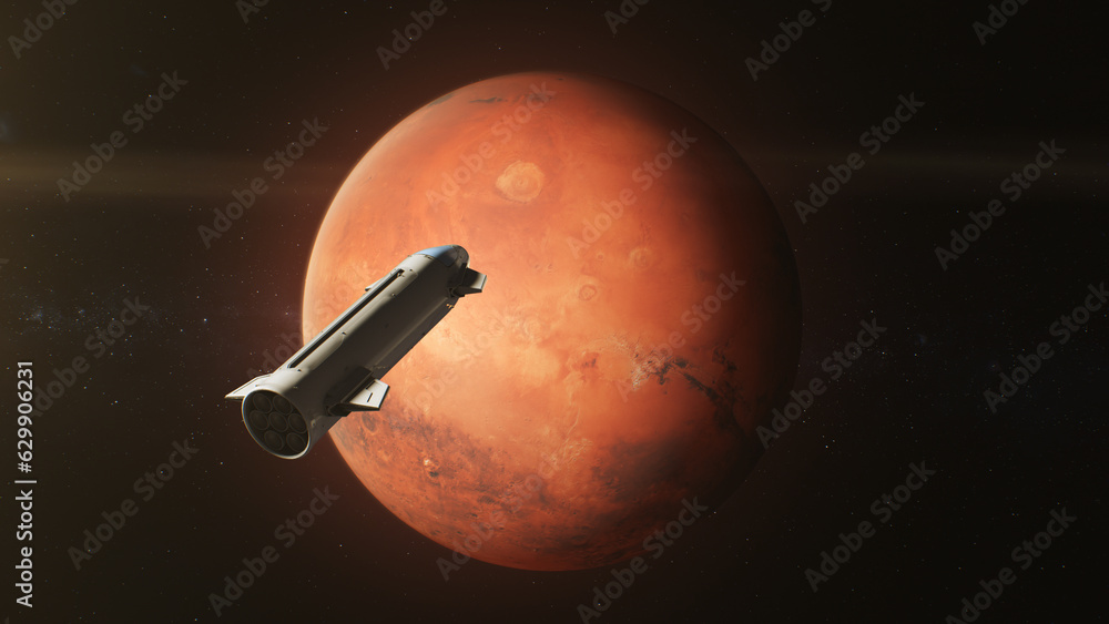 Wall mural cinematic 3d graphics of mars rotating in outer space. spacecraft orbiting red planet. manned resear