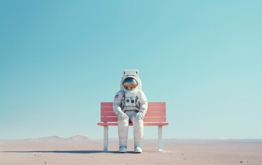 Astronaut sitting on a bus stop bench. Back to school conceptual background. AI generated image - obrazy, fototapety, plakaty