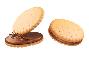 Sandwich chocolate cookies with chocolate fill, 3d illustration for biscuit package design.