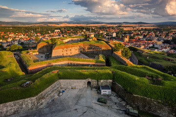 Aerial view of the city of Kłodzko and the huge fortress captured on a summer afternoon. Landscapes and attractions of Lower Silesia.