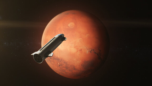 Cinematic 3D graphics of Mars rotating in outer space. Spacecraft orbiting red planet. Manned research space mission. Future human colonization and universe exploration concept. Technological advance.