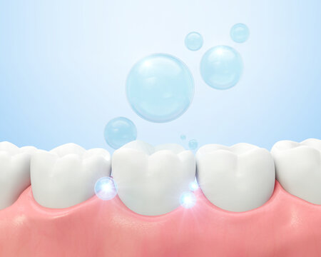 Healthy gums and teeth with fluoride Liquid Bubble Protect and Cleaning. Oral hygiene and Dental concept, 3d rendering.