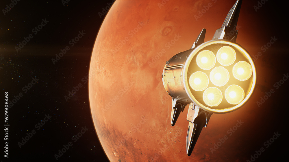 Wall mural realistic 3d animation of spaceship flying on mars in dark outer space. manned research space missio