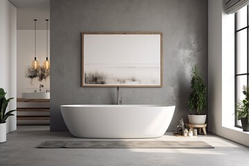 a white bathtub, a table with rolled towels on it, and a gray bathroom interior with a concrete floor. a wall mounted sign. a mockup. Generative AI