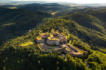 Aerial view of the Srebrna Góra fortress captured on a summer afternoon. Landscapes and...