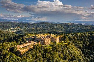 Aerial view of the Srebrna Góra fortress captured on a summer afternoon. Landscapes and...