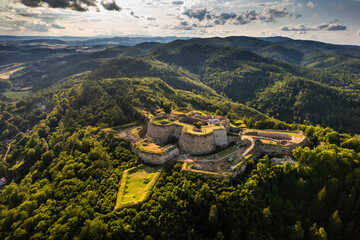 Aerial view of the Srebrna Góra fortress captured on a summer afternoon. Landscapes and attractions of Lower Silesia.