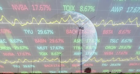 Animation of stock market data processing over globe against spinning windmills - Powered by Adobe