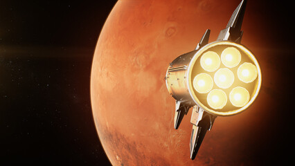 Realistic 3D animation of spaceship flying on Mars in dark outer space. Manned research space...