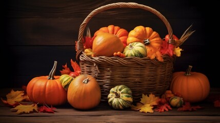 Fototapeta na wymiar Pumpkins in the basket, happy Thanksgiving Day
